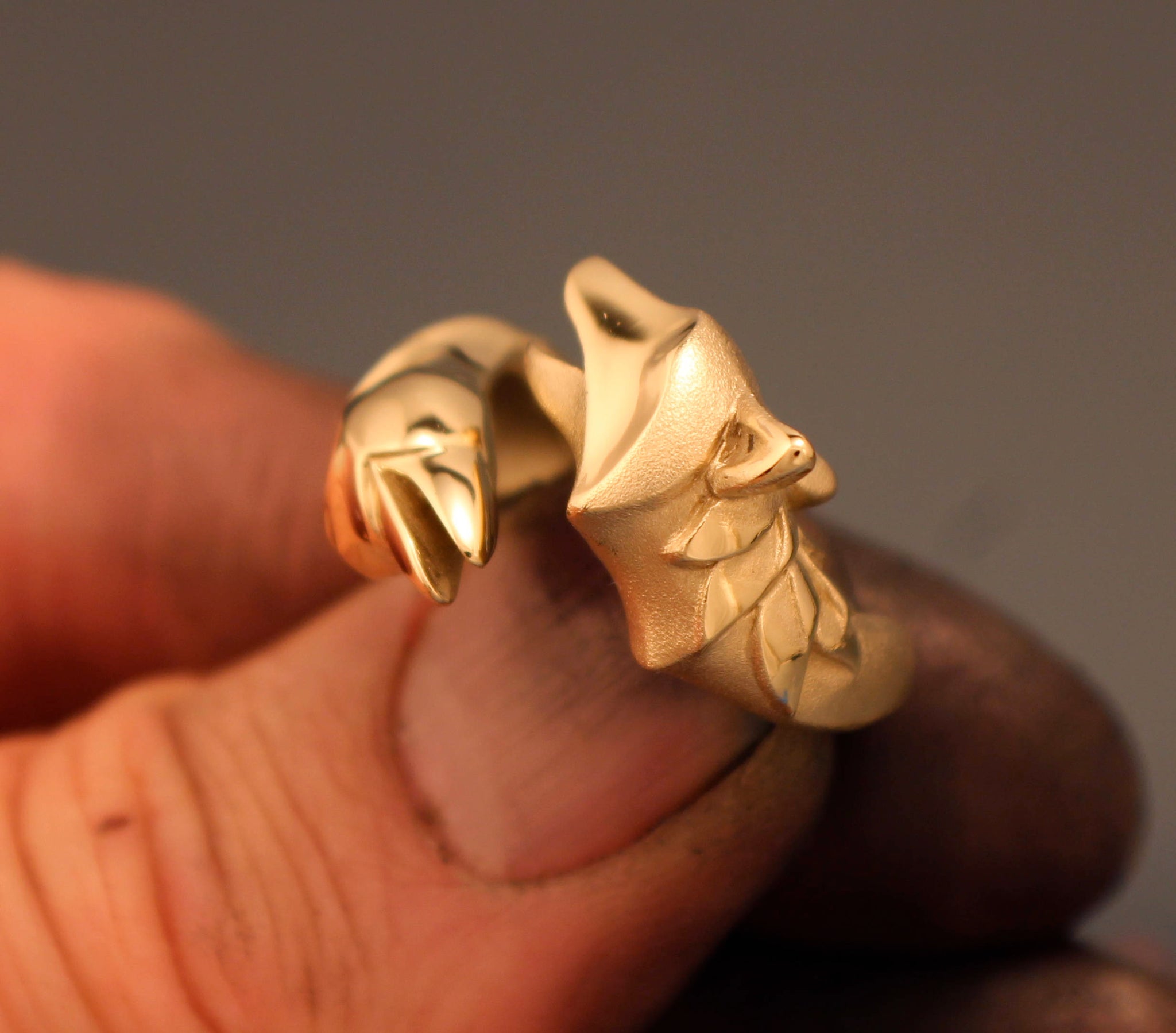 raven and wolf ring, bright bronze