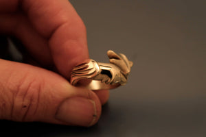 raven and wolf ring, bright bronze