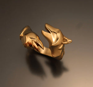 raven and wolf ring, bright bronze