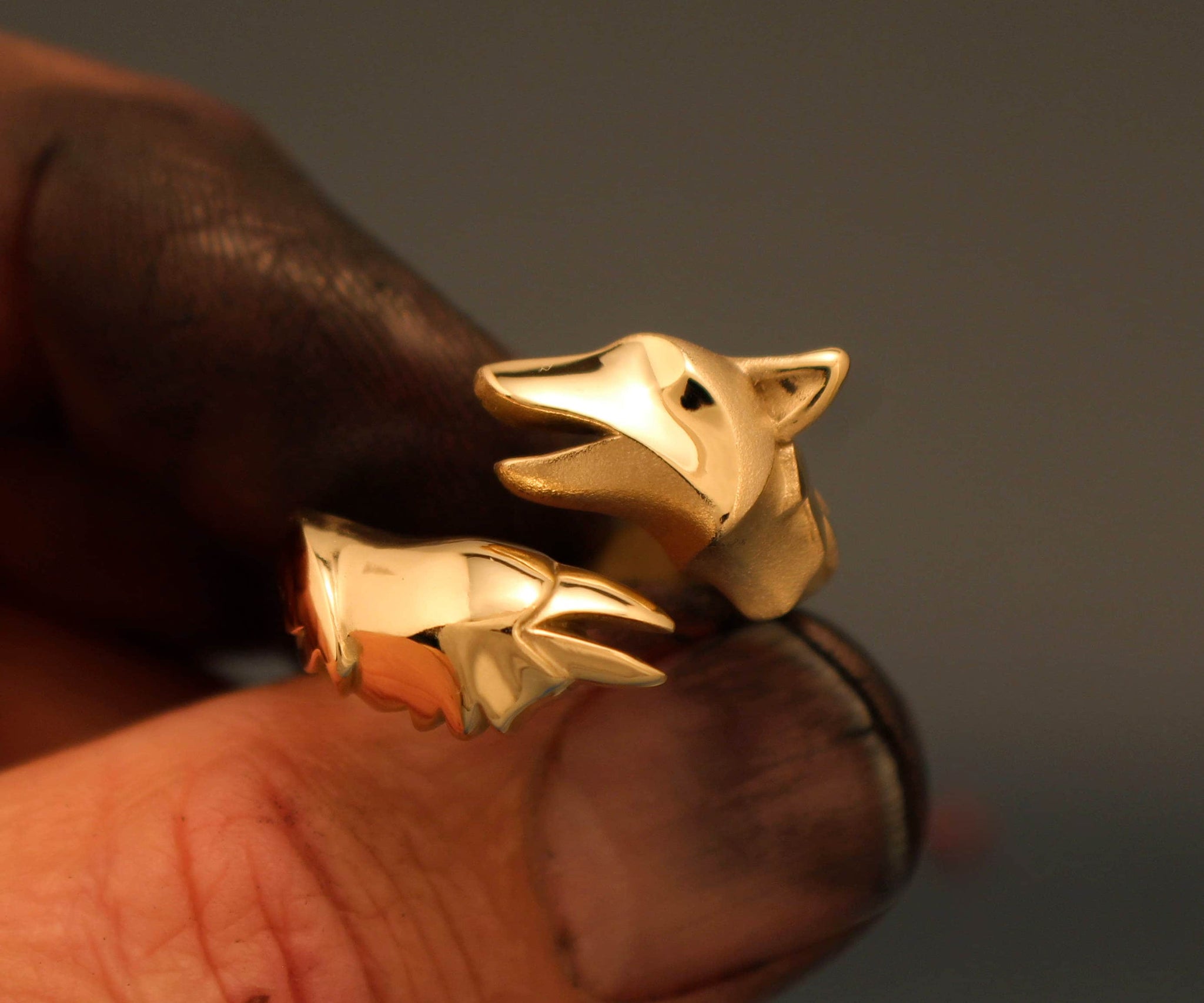 raven and wolf ring, bright bronze