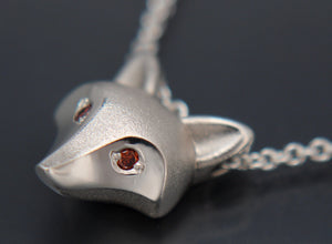 fox head  pendant , sterling silver  diamond eyes