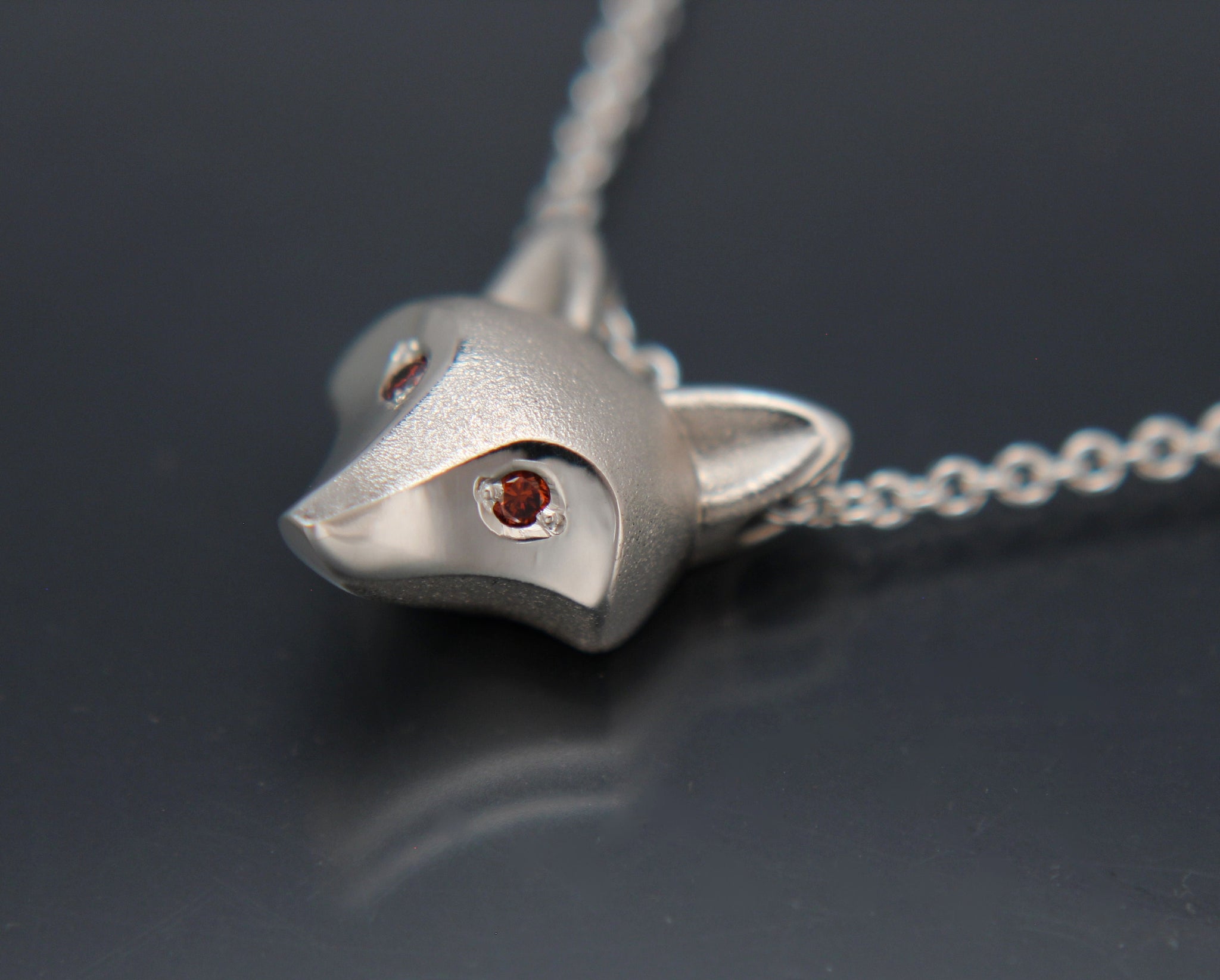 fox head  pendant , sterling silver  diamond eyes