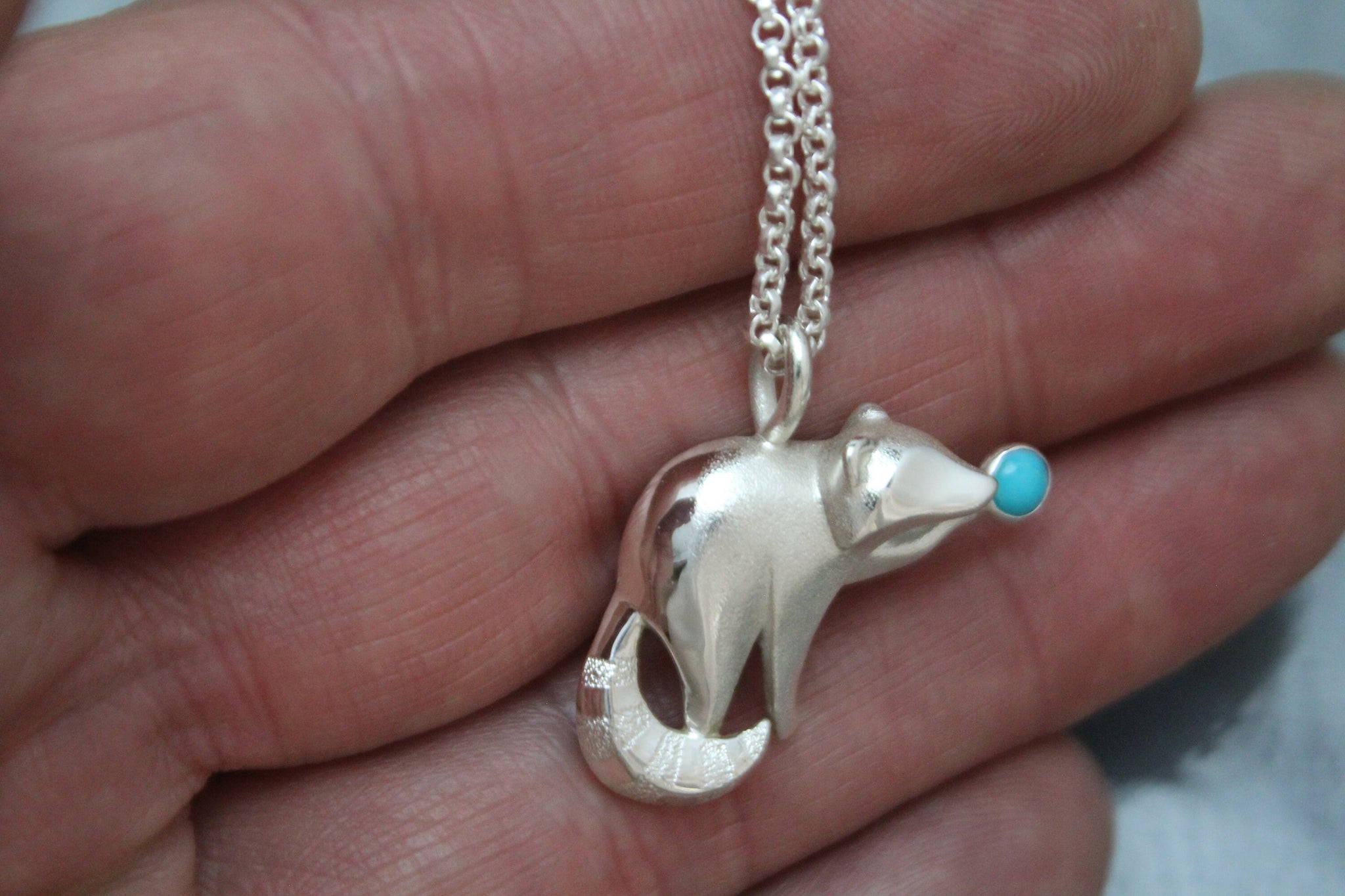 Raccoon pendant , silver, turqouise