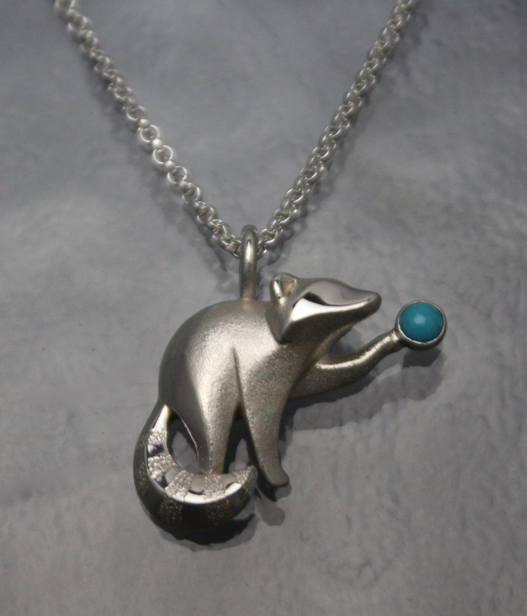 Raccoon pendant , silver, turqouise