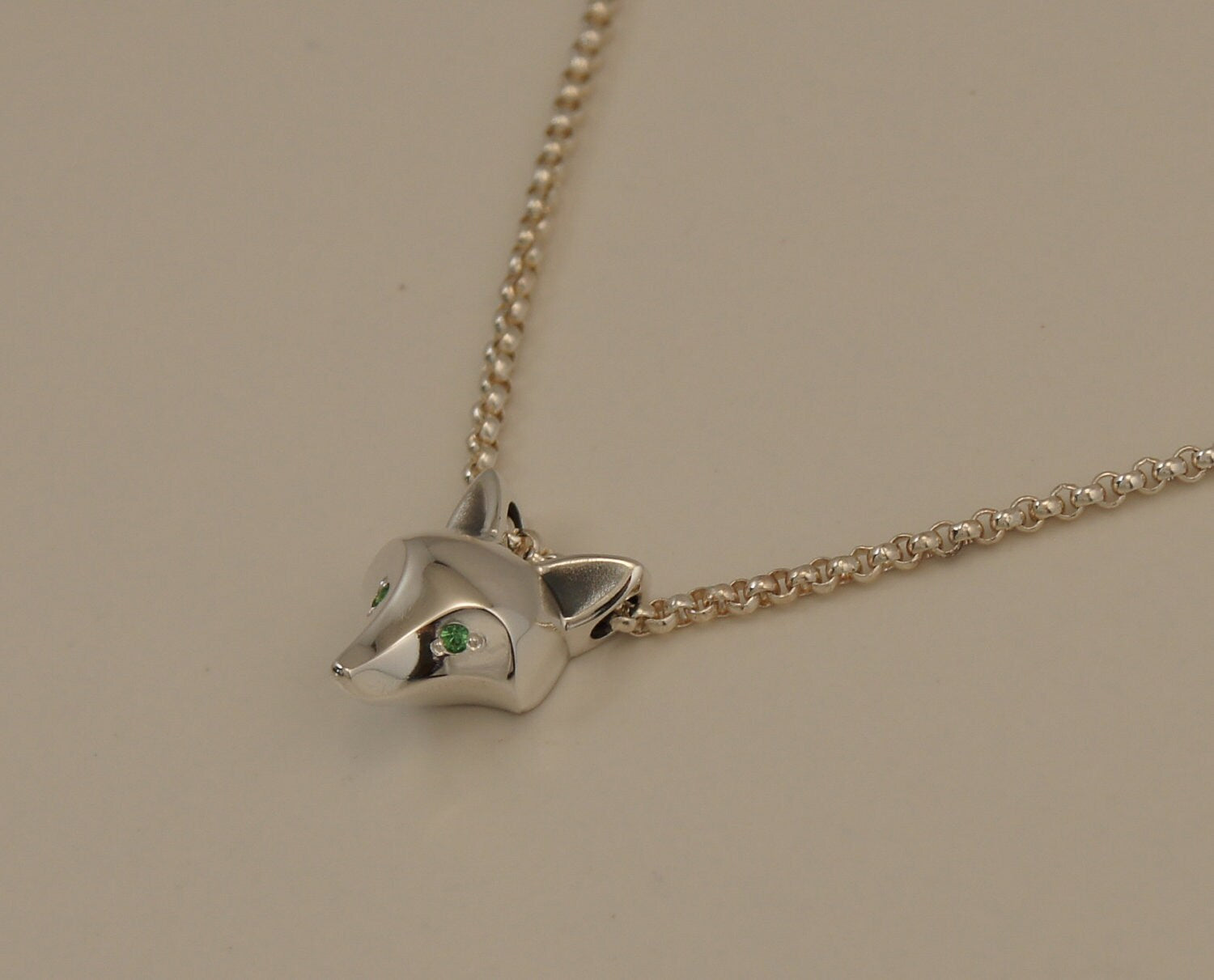 silver fox pendant . gemstone eye color, HIGH POLISHED.with chain