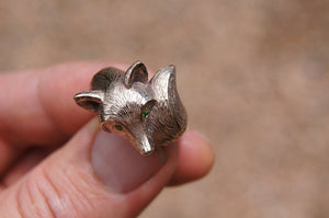 FURRED fox ring, bronze ,colored stone eyes