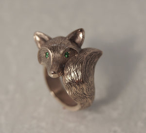 FURRED fox ring, bronze ,colored stone eyes