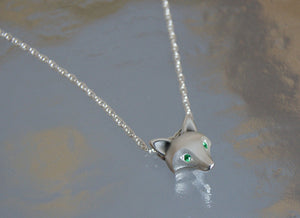 fox head pendant, sterling silver with colored stone eyes.   SATIN finish,