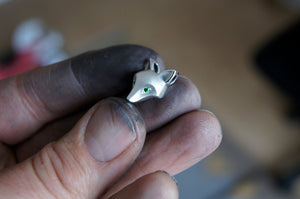 fox head pendant, sterling silver with colored stone eyes.   SATIN finish,