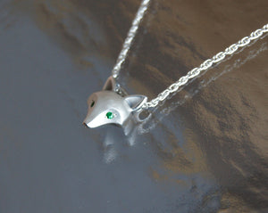 fox head  pendant , sterling silver  diamond eyes