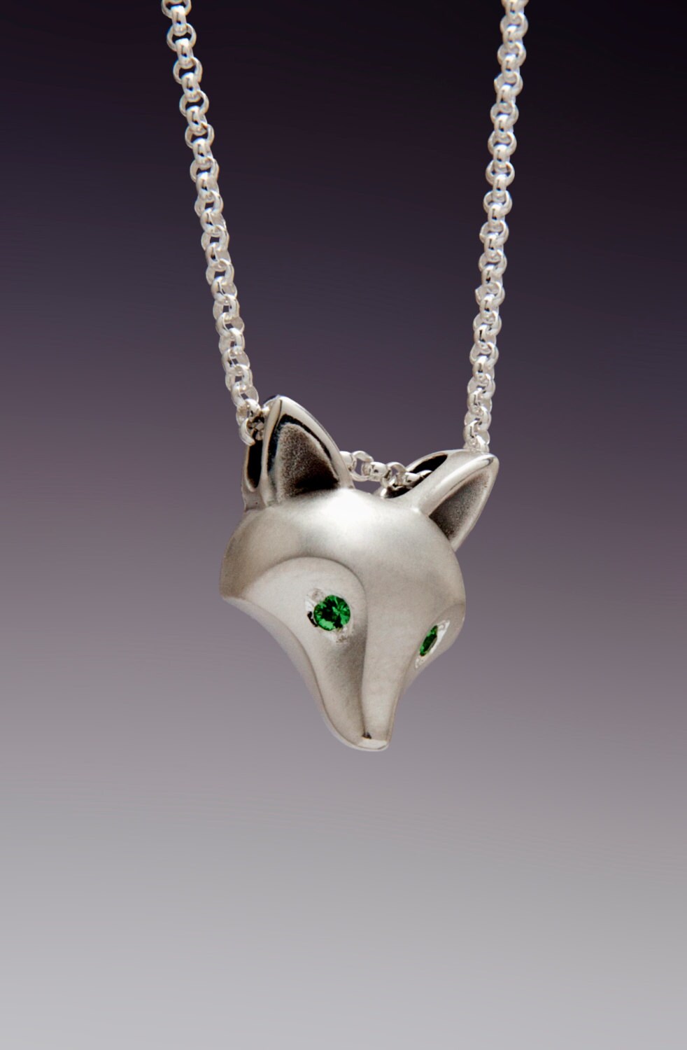 fox head  pendant , sterling silver  diamond eyes