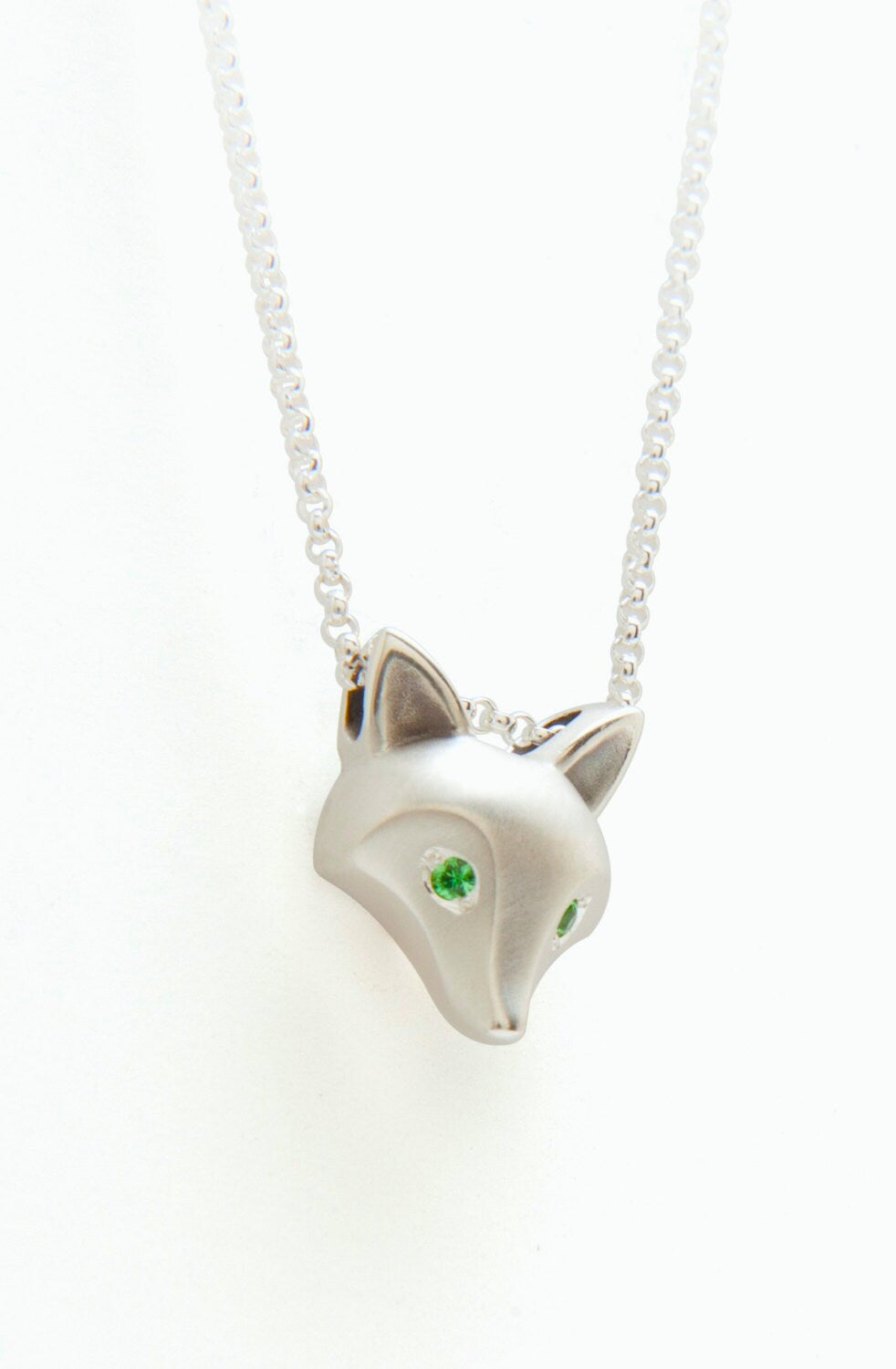 fox head  pendant , sterling silver  diamond eyes