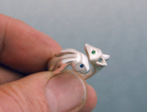 fox and bunny ring . silver , various eye colors