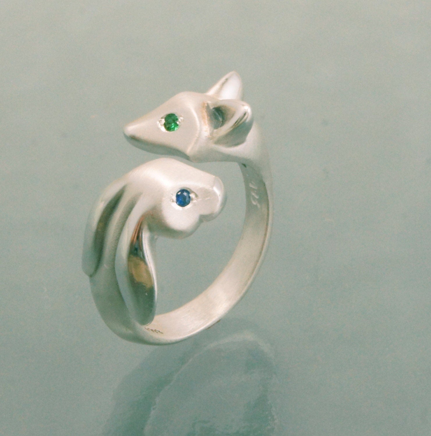 fox and bunny ring . silver , various eye colors